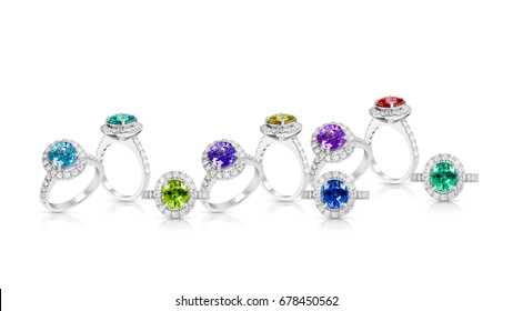 Grouping  Of Color Gemstone Rings With Colored Diamonds And Gemstones On White Background