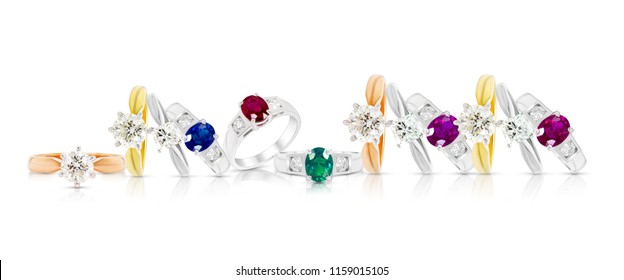 Grouping Of Ring Jewelry On White Background