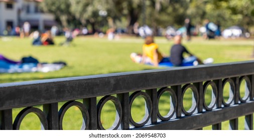 Groups of defocused people relax on the grass in a city park