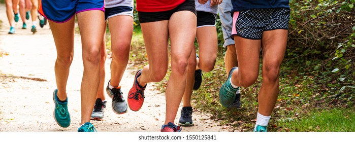 Groups Of Girls Are Running On A Dirt Path In The Woods Training For High School Cross Country Racing.