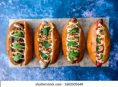 Groups Of Hotdogs Flat Lay On Table