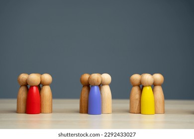 Groups of multicolored wooden people on a gray background. The concept of market segmentation. Target audience, customer care. Market group of buyers. Customer relationship management. Selective focus - Shutterstock ID 2292433027