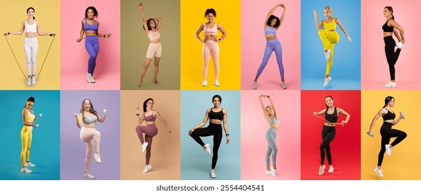 Groups of women are actively participating in various fitness exercises, showcasing their strength and energy against vibrant colored backdrops. They are using equipment like jump ropes and weights. - Powered by Shutterstock