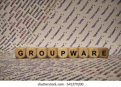 groupware - cube with letters and words from the computer, software, internet categories, wooden cubes