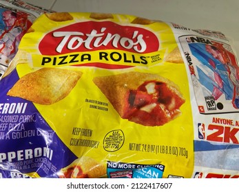 Grovetown, Ga USA - 02 10 22: Retail Store Frozen Food Section Totinos Pizza Rolls Meat