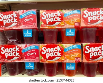 Grovetown, Ga USA - 03 19 22: Retail store shelf snack packs jello Strawberry orange