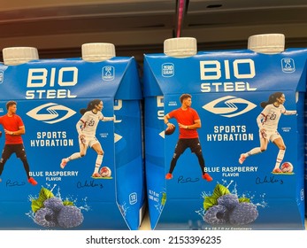 Grovetown, Ga USA - 03 20 22: Retail Store Shelves BIO Steel Sports Drink 4 Pack Cartons Blue Raspberry