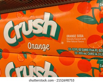 Grovetown, Ga USA - 04 15 22: Retail Store Shelves Crush Soda Orange 12 Pack Side View