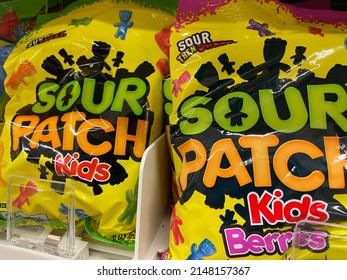 Grovetown, Ga USA - 04 20 22: Bagged Candy On A. Retail Store Shelf Sour Patch Kids