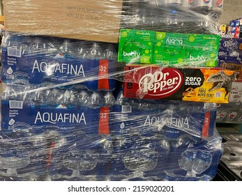 Grovetown, Ga USA - 05 10 22: Pepsi Products Retail Store Soda Pallet Delivery Wrapped Pallets