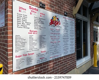 Grovetown, Ga USA - 05 13 22: Retail Store Soda Shop Exterior Menu Sign Sarges Soda Shop