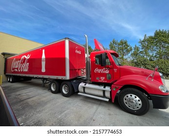 Grovetown, Ga USA - 05 18 22: Coke Delivery Truck At A Retail Store Dock Front Corner Side View