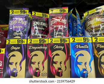 Grovetown, Ga USA - 05 18 22: Colorful Blunt Wraps Packages Retail Store Zig Zag Front