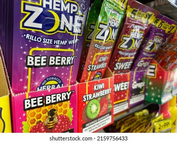 Grovetown, Ga USA - 05 18 22: Colorful Blunt Wraps Packages Retail Store Hemp Zone