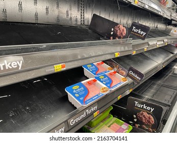 Grovetown, Ga USA - 05 22 22: Walmart Retail Store Empty Meat Market Shelves Few Packs