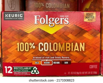 Grovetown, Ga USA - 06 10 22: Retail Store Folgers Colombia K Cup Coffee Front View