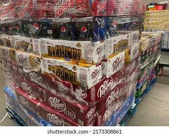 Grovetown, Ga USA - 06 10 22: Retail Store Delivery Pallet Wrapped Pepsi Products 12 Packs Variety