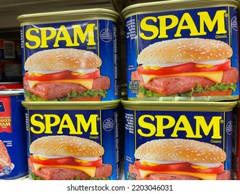 Grovetown, Ga USA - 08 18 22: Retail Grocery Store Can Spam Meat Original