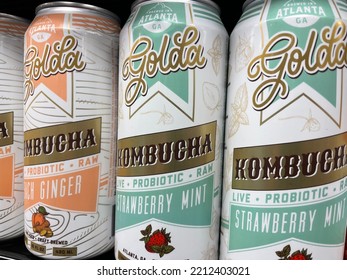 Grovetown, Ga USA - 09 07 22: Retail Grocery Store Golda Kombucha Can Drink