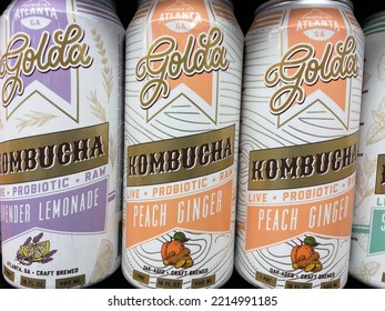 Grovetown, Ga USA - 09 07 22: Retail Grocery Store Golda Kombucha Can Drink Variety