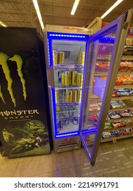 Grovetown, Ga USA - 09 07 22: Retail Grocery Store Red Bull Drink Cooler Door Open