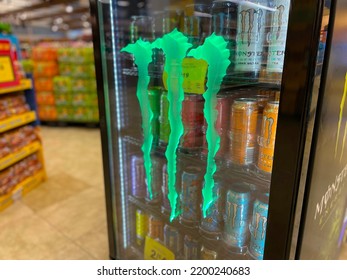 Grovetown, Ga USA - 09 09 22: Retail Grocery Store Monster Energy Drink Cold Case