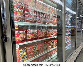 Grovetown, Ga USA - 10 08 22: Grocery Store Hot Pocket Frozen Dinners Glass Case