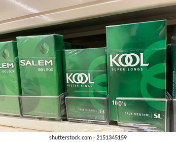 Grovetown, Ga USA - 4 30 22: Menthol Cigarettes Retail Store Shelf Kool Variety Side View