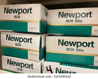 Grovetown, Ga USA - 4 30 22: Menthol Cigarettes Retail Store Shelf Cartons Of Newport