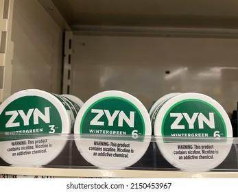 GROVETOWN, UNITED STATES - Feb 16, 2022: Grovetown, Ga USA - 03 20 22: Smokeless tobacco products on a retail store shelf ZYN snuff
