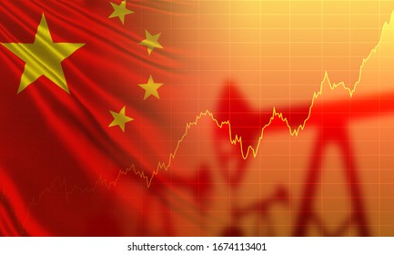 Growing Chart Against The Background Of The Chinese Flag And Oil Rigs. Oil Production In The Republic Of China. Petroleum Exports From China. Fuel Supplies To The World Market.