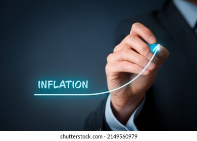 Growing inflation concept with businessman drawing growing simple graph. - Shutterstock ID 2149560979