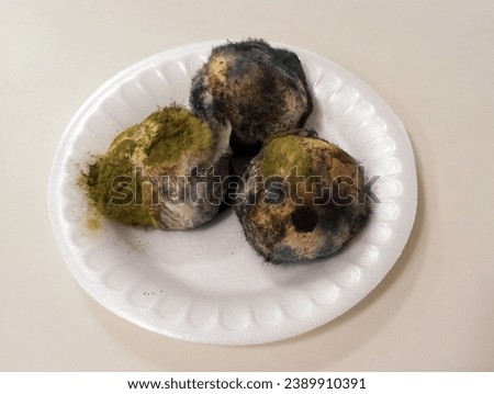 A growing moldy pastry. Close-up of moldy donut isolated on white plate. Moldy bread.