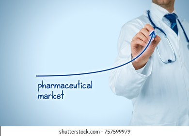 Growing Pharmaceutical Market Concept. Businessman Draw Increasing Graph Illustrating Growing Pharma Market.