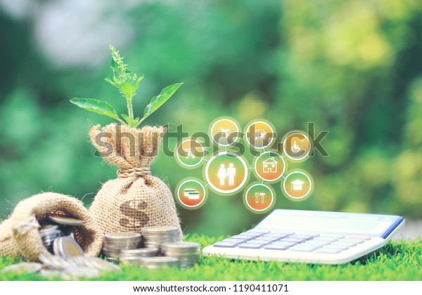 Growing plant on Money bag with stack\
of coins money and hologram on natural green background, Saving for\
prepare in future and Business investment concept\
