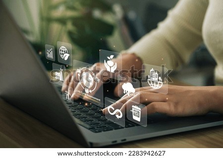 Growing sustainability. LCA-Life cycle assessment concept.Woman using a laptop with LCA icon on virtual screen. environmental impact assessment related to product value chains. ISO LCA standard.