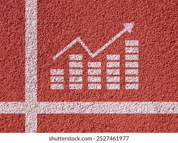 Growth chart on asphalt. Chart up on red treadmill. Financial markings on asphalt. Graph shows increase in profits. Growth of economic indicators. Receiving additional profit. Income chart at ground