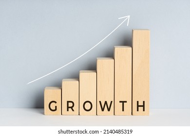 Growth Concept. Wooden Block Bar Chart Graph With Text And Upward Trend Line Drawn On Background. Copy Space