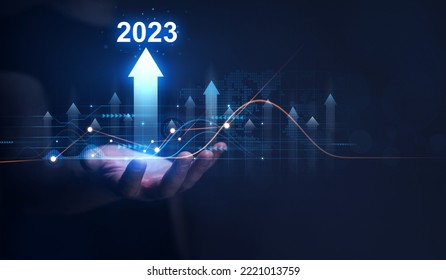 Growth and development chart of company in new year 2023. Planning,opportunity, challenge and business strategy in new year 2023. Development to success and motivation.