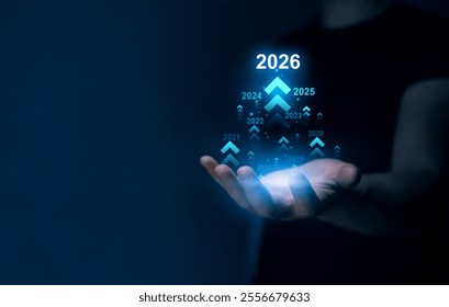 Growth and development chart of company in new year 2026.Development to success and motivation in 2026. Planning,opportunity, challenge and business strategy in new year 2026.