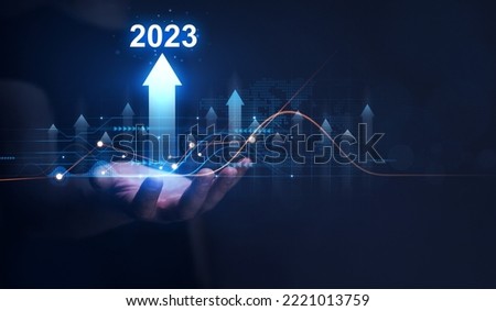Growth and development chart of company in new year 2023. Planning,opportunity, challenge and business strategy in new year 2023. Development to success and motivation.