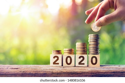 Growth Forecast Concept For 2020- Coins Stack On Wooden Blocks
