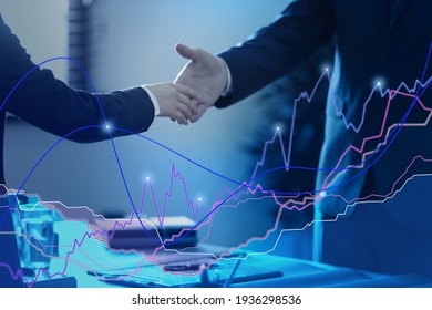 Growth graph illustration and businessmen shaking hands in office, closeup. Investment concept
