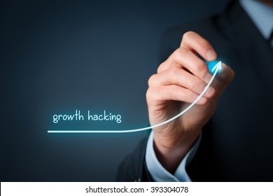 Growth hacking visual metaphor. Businessman draws line with text growth hacking.