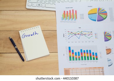 growth rate of Sale analysis report show success result as charts and graphs on document paperwork,with blank space wooden table background
