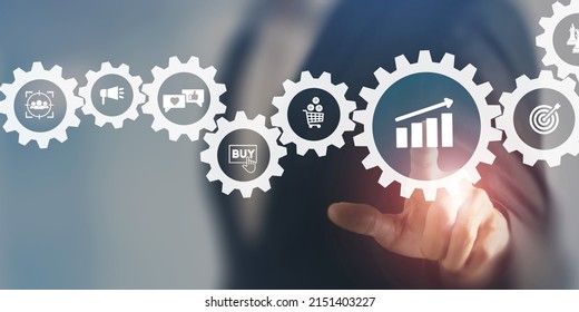 Growth Of Sales, Marketing Strategies Concept. Data Analytics For Achieving Business Growth Target. Increase Sales In Online Store, E-commerce. Touching On Sales Growth Icon. Postive Progress.