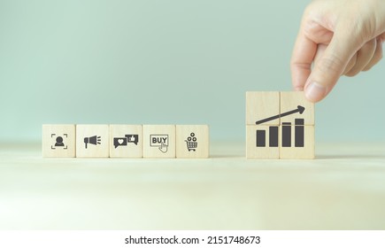 Growth Of Sales, Marketing Strategies Concept. Data Analytics For Achieving Business Growth Target. Increase Sales In Online Store, E-commerce. Placing Wooden Cubes With Sales Growth. Postive Progress