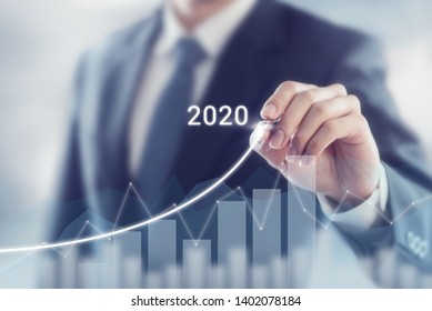 Growth Success In 2020 Concept. Businessman Plan And Increase Of Positive Indicators In His Business.