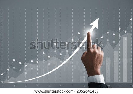 Growth trajectory of business is represented by a businessman pointing an arrow on a graph. vivid depiction encapsulates essence of business development, future success, and path to achieving growth.