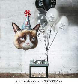 Grumpy Cat With Bunch Of Balloons For Birthday Party